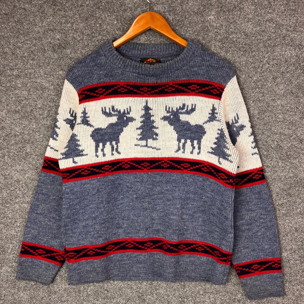 Vintage Alps Knitmeister Moose Tree‎ Knit Sweater Crewneck Blue Red Size M
